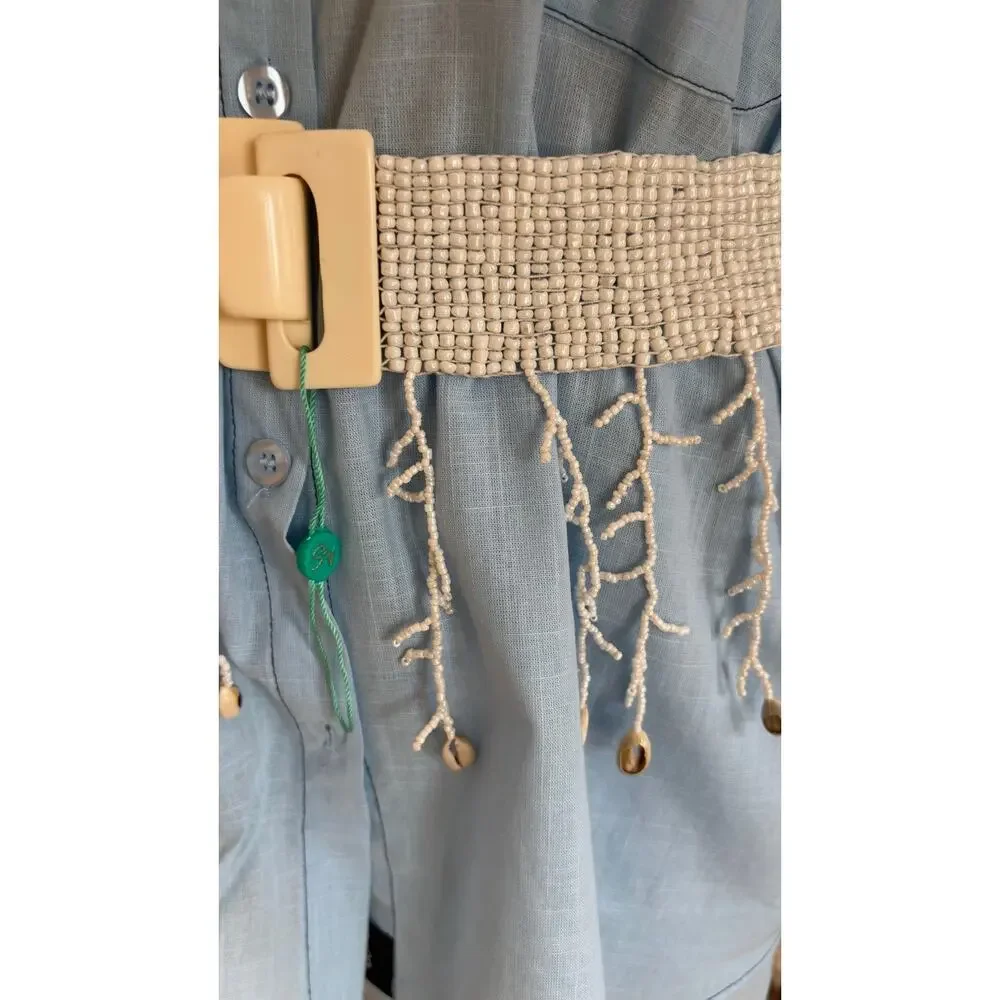 Antica Sartoria elastic belt white glass seed beads a seashell fringe.